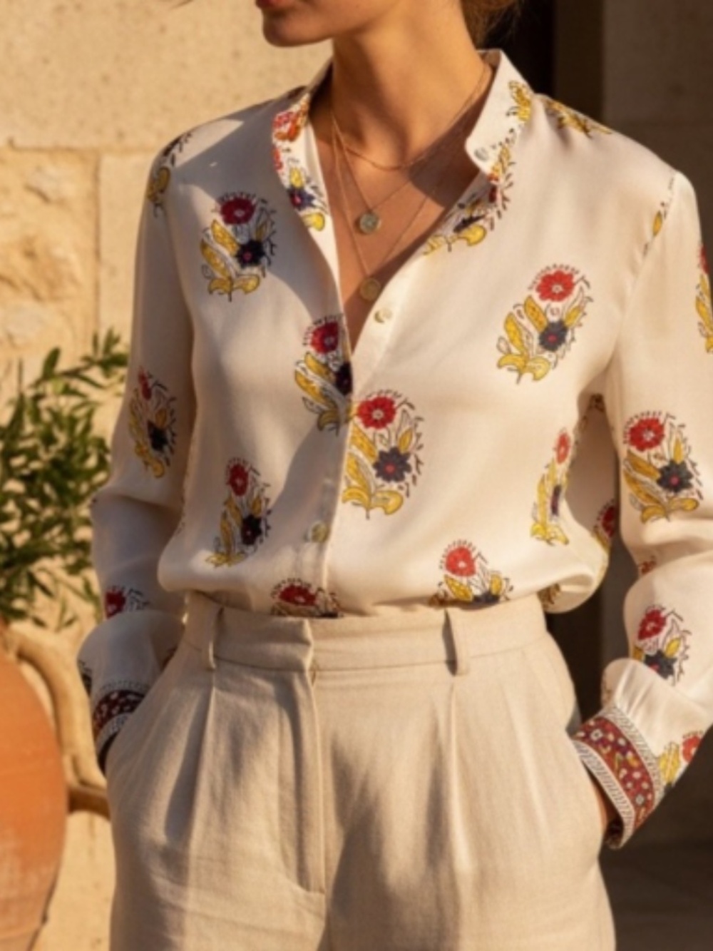 Elie Tahari | Floral Block Print Button-Down Blouse | Cream | Women's S — NWT